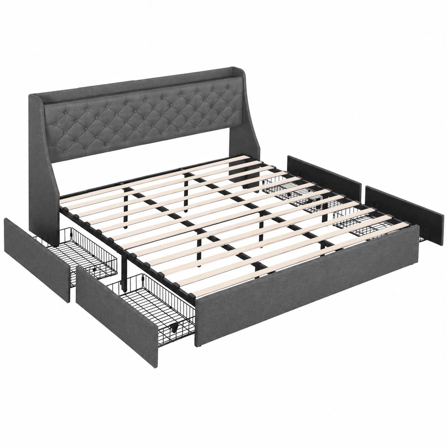 Artiss King Bed Frame with 4 Storage Drawers and Charging Station Tufted Wingback Headboard 300kg Loads Charcoal Grey