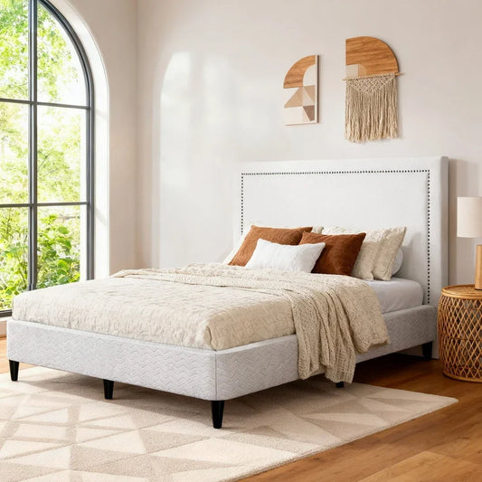 Artiss Queen Bed Frame with Headboard Platform Bed Base Grey Beige Fabric Metal