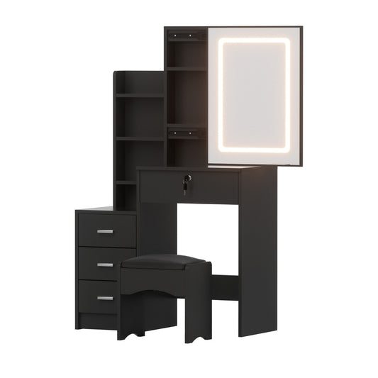 black vanity table with LED light mirror, three drawers, open shelves, and matching cushioned stool