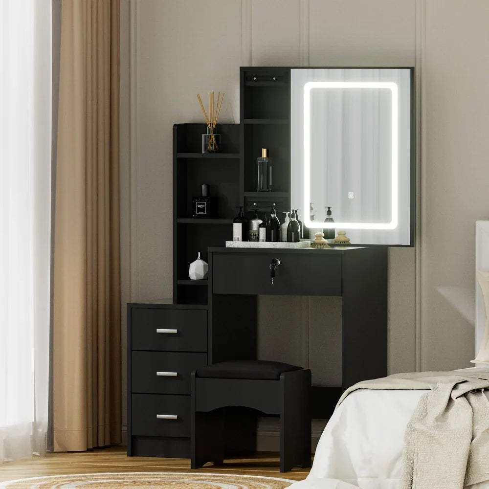 Artiss Dressing Table Vanity Desk Set Stool Led Black-House of Sleep