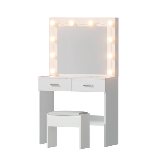 White vanity table with mirror surrounded by LED bulbs and padded stool on white background