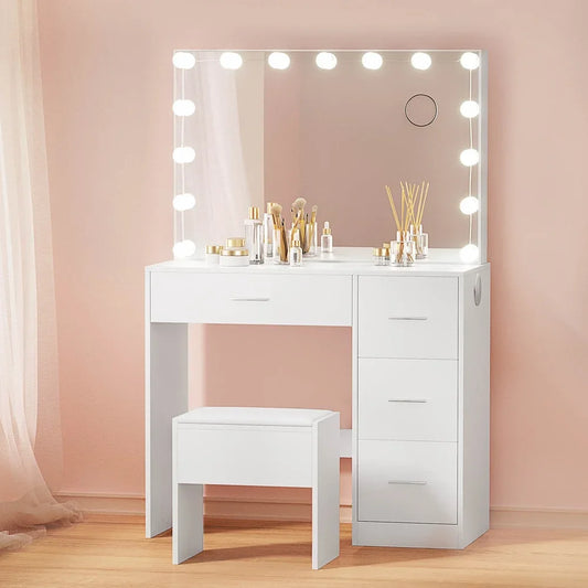 Artiss Dressing Table Set Stool 15 Led Bulbs White Darcy-House of Sleep