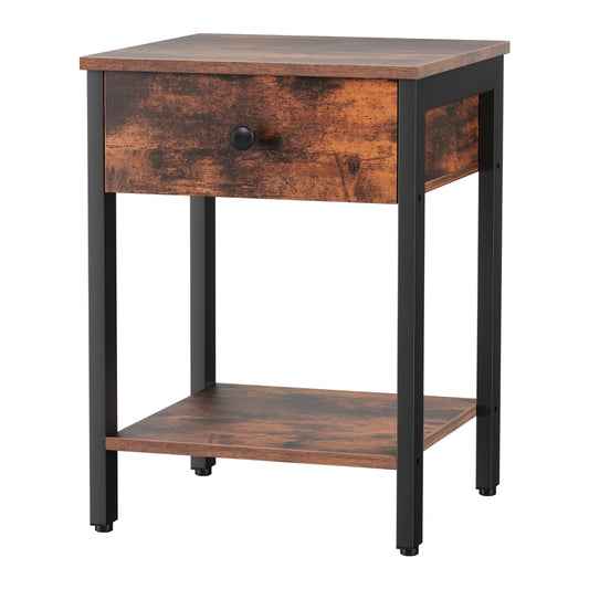 Rustic brown wood nightstand with one drawer and black metal legs