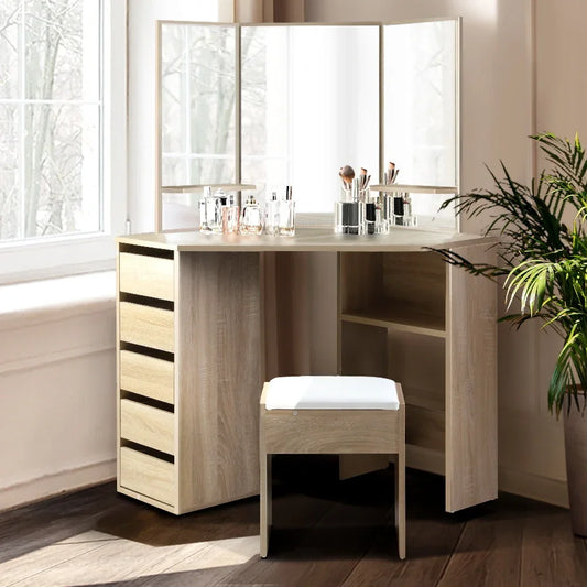 Artiss Dressing Table Stool Set Corner 5 Drawers Oak-House of Sleep