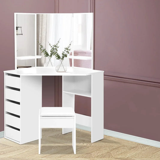 Artiss Dressing Table Stool Set Corner 5 Drawers White-House of Sleep