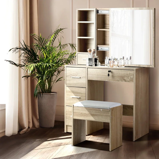 Artiss Dressing Table Stool Set Sliding Mirror Oak Diane-House of Sleep
