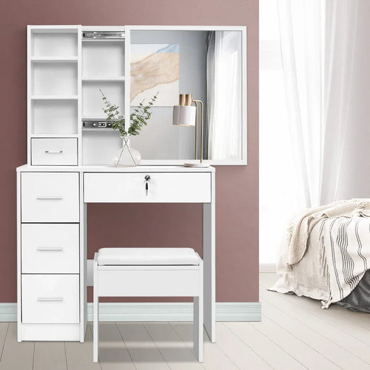 Artiss Dressing Table Stool Set Sliding Mirror White Diane-House of Sleep
