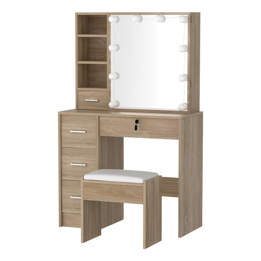Light wood vanity table with illuminated mirror, multiple drawers, open shelves, and cushioned stool