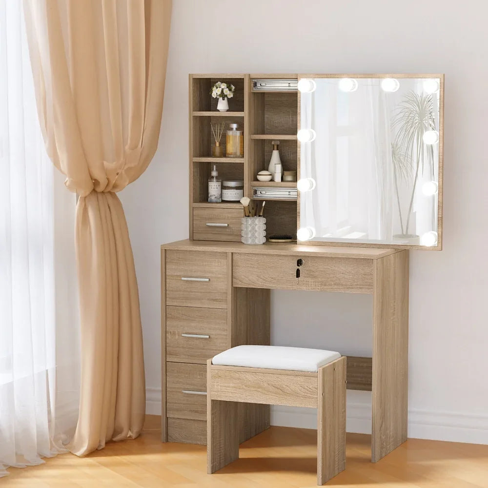 Artiss Dressing Table Set Stool 10 Led Bulbs Wood-House of Sleep