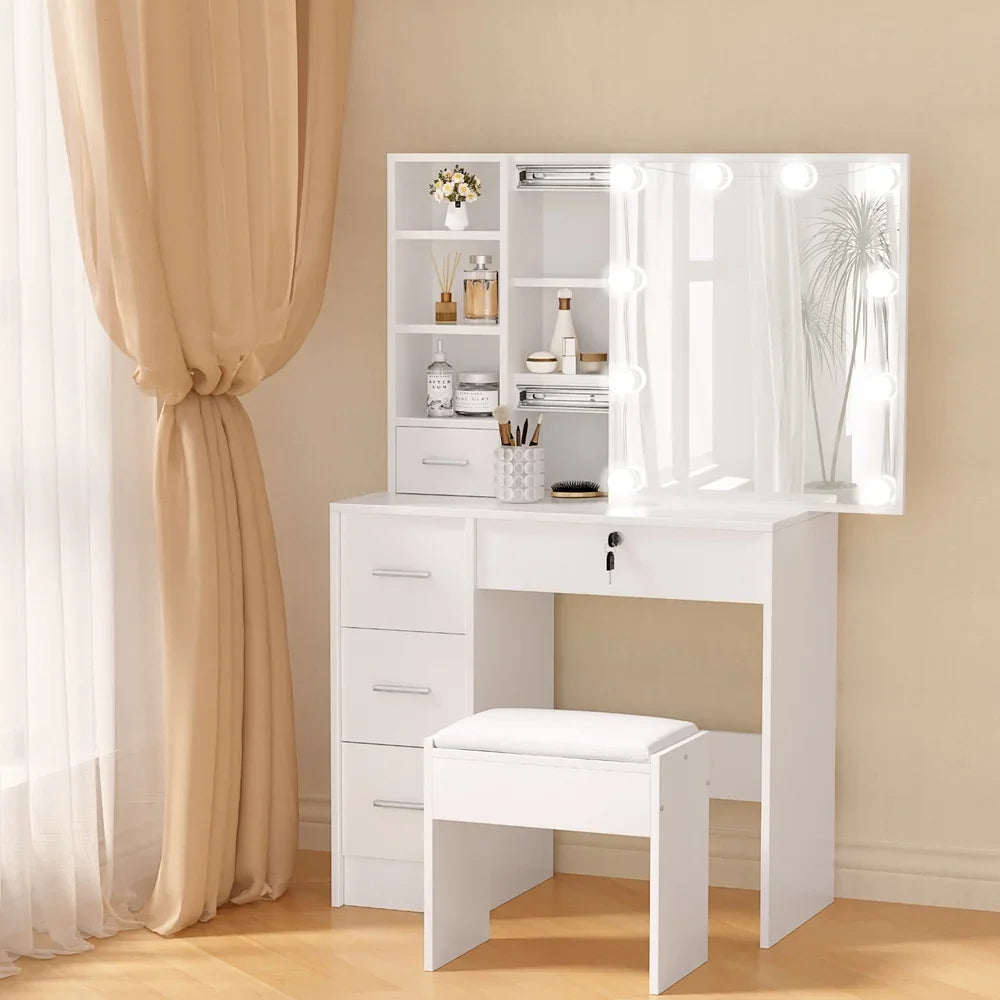 Artiss Dressing Table Set Stool 10 Led Bulbs White Dylan-House of Sleep