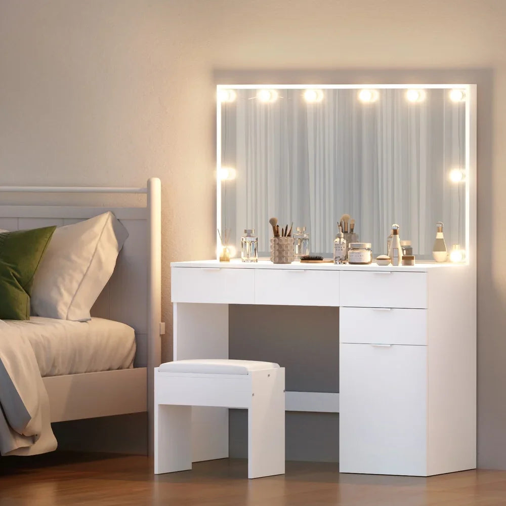 Artiss Dressing Table Set Stool 10 Led Bulbs White-House of Sleep