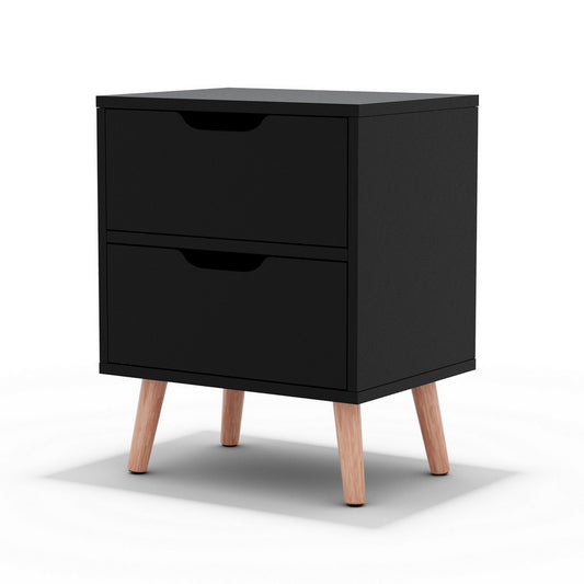 Black modern two-drawer nightstand with wooden legs on white background