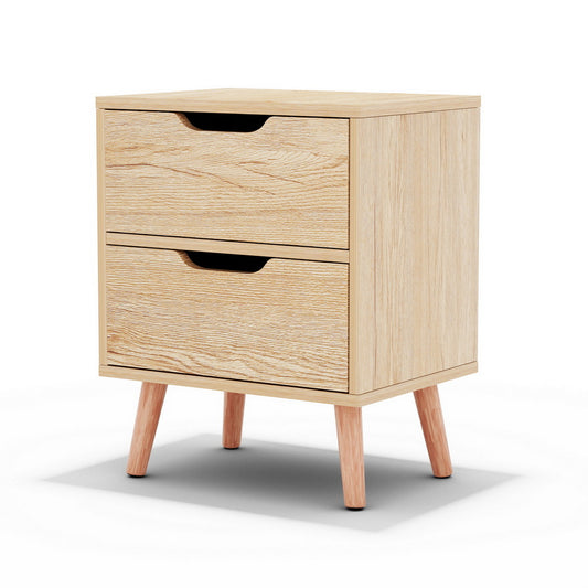 Compact light oak wooden nightstand with two drawers and four angled legs