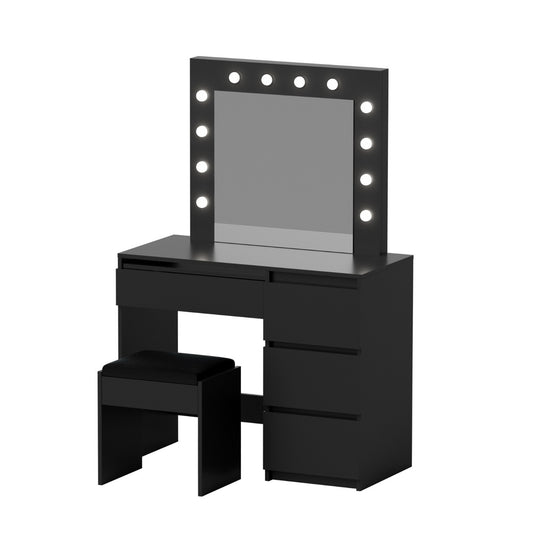 modern black vanity table with lighted mirror and cushioned stool makeup dressing table