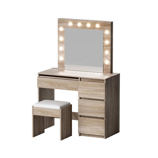 Wooden vanity table with LED lighted mirror, storage drawers, and cushioned stool