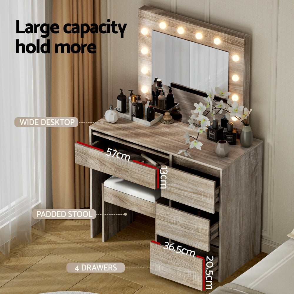 Artiss Dressing Table Set Stool 12 Led Bulbs Wood