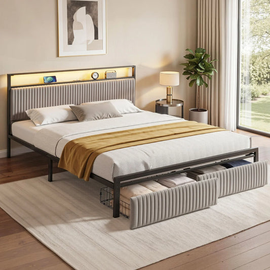 Artiss Metal Bed Frame King Size LED Charging Station 2 Drawers
