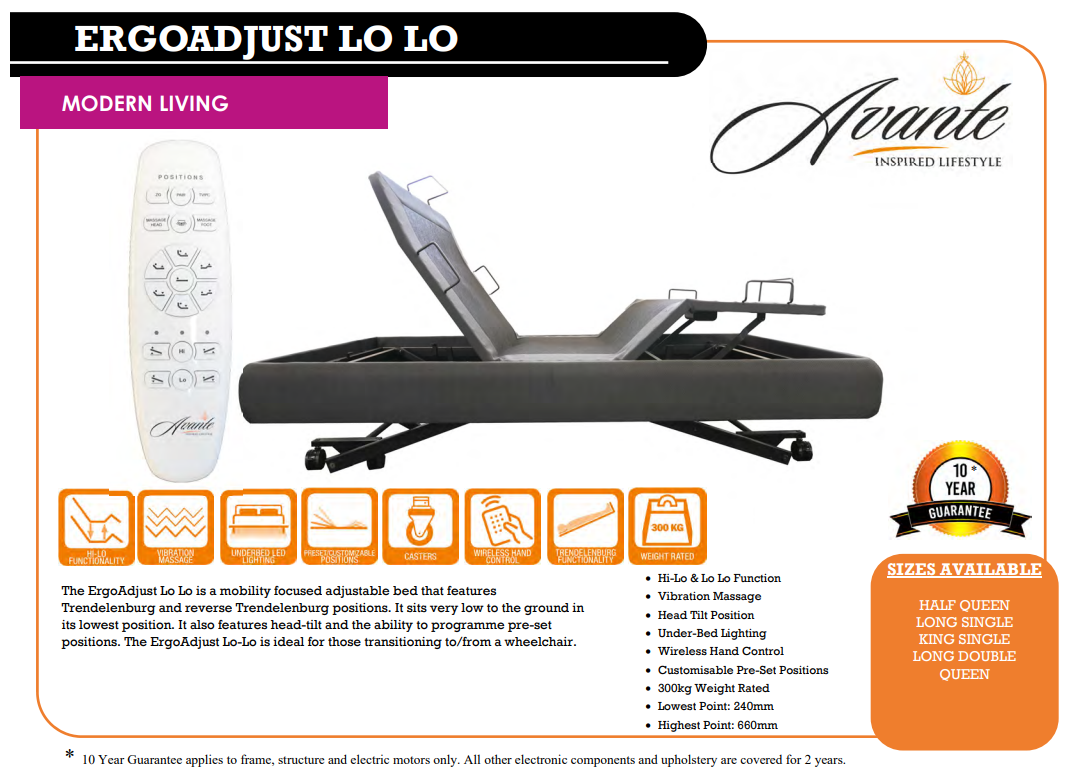 Avante ErgoAdjust Lo Lo Adjustable Bed Base (without mattress)