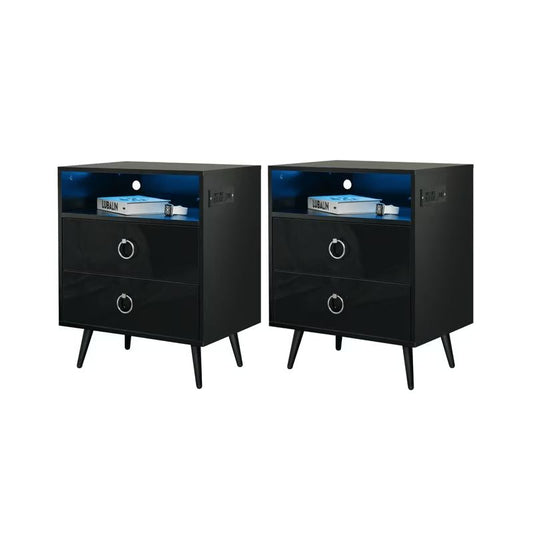 Pair of modern black nightstands with two drawers, metal ring handles, open shelf with blue backlight