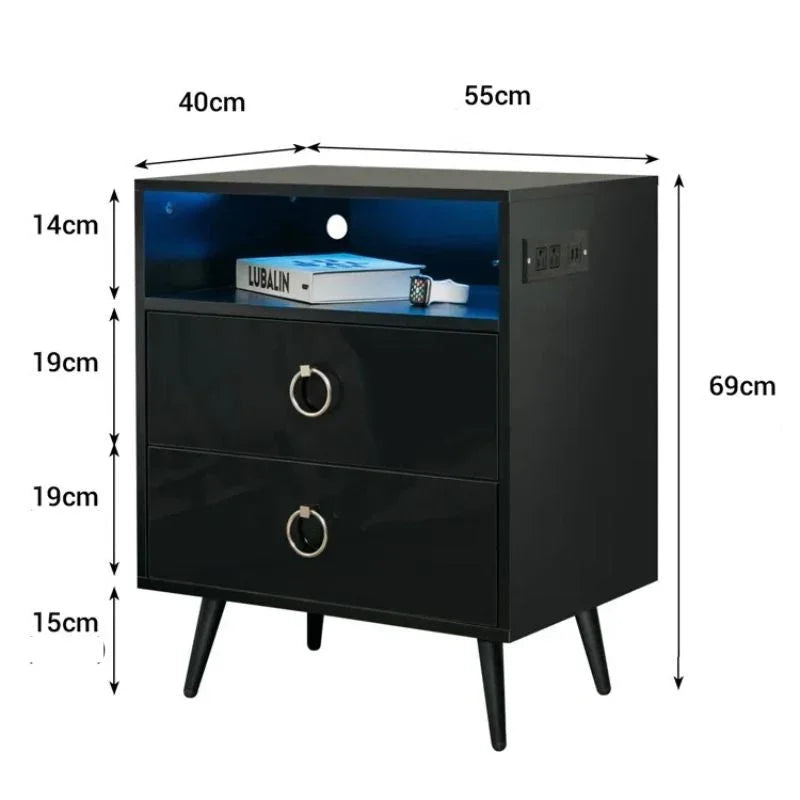 Amelia Modern LED Bedside table with USB and power socket black x 2-House of Sleep