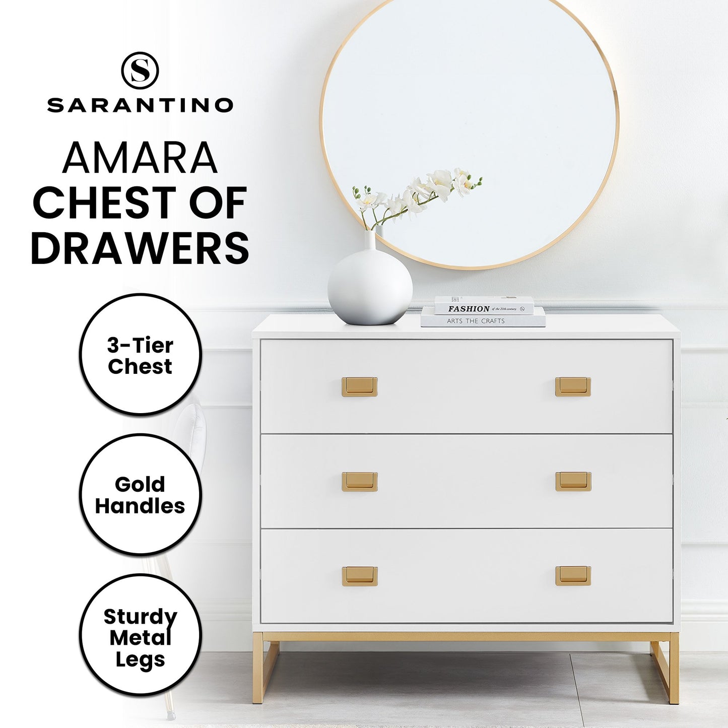 Sarantino Amara Chest of Drawers Tallboy Dresser in White/Gold
