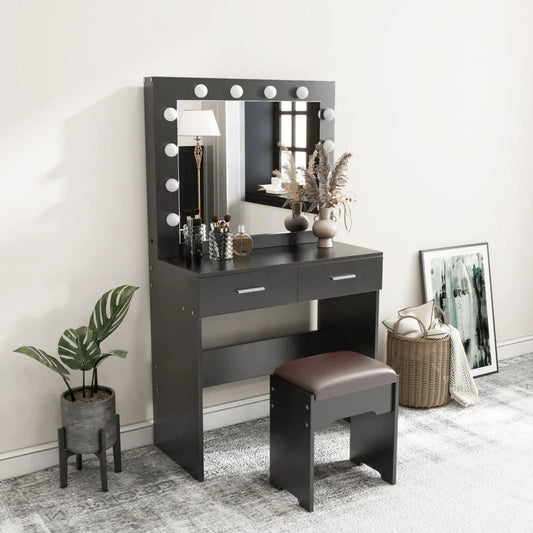Fidel Vanity Set with Cushioned Stool and Lighted Mirror- Black-House of Sleep