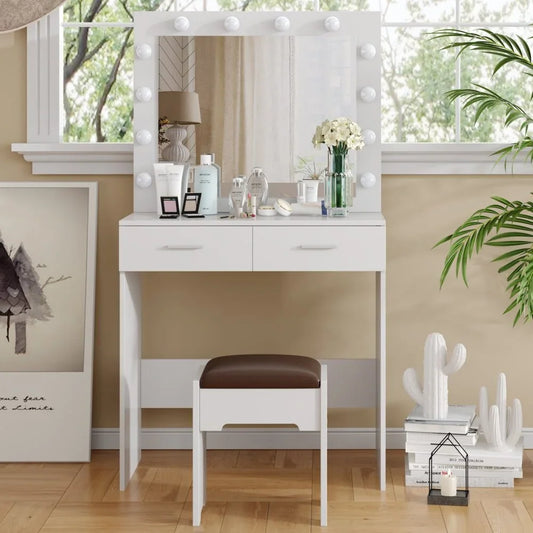 Fidel Vanity Set with Cushioned Stool and Lighted Mirror- White-House of Sleep