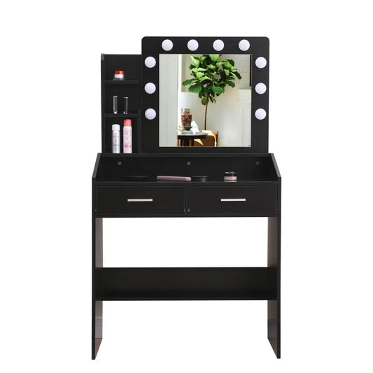 Diana Vanity Set with Shelves Cushioned Stool and Lighted Mirror- Black-House of Sleep