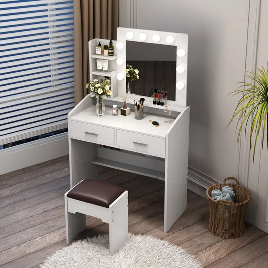 Diana Vanity Set with Shelves Cushioned Stool and Lighted Mirror- White-House of Sleep
