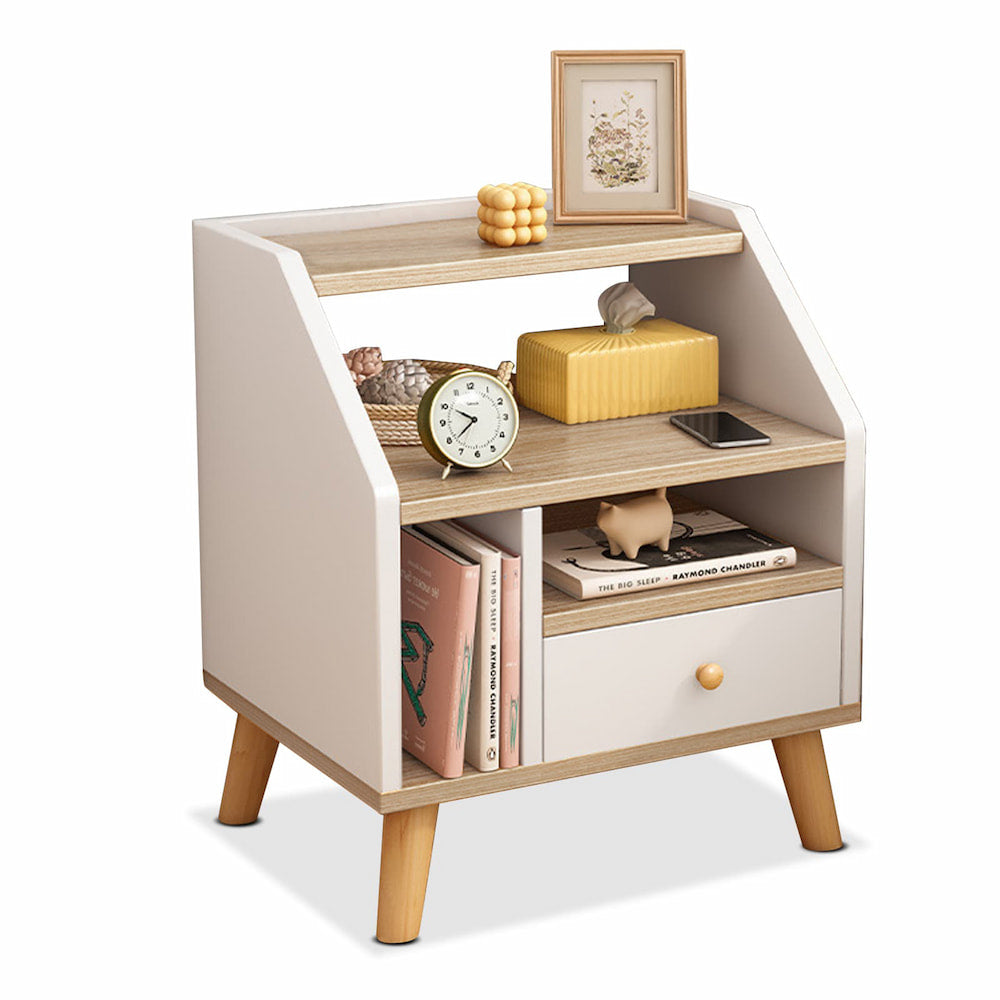 2x bedside table set wooden drawer natural white wood grain furniture