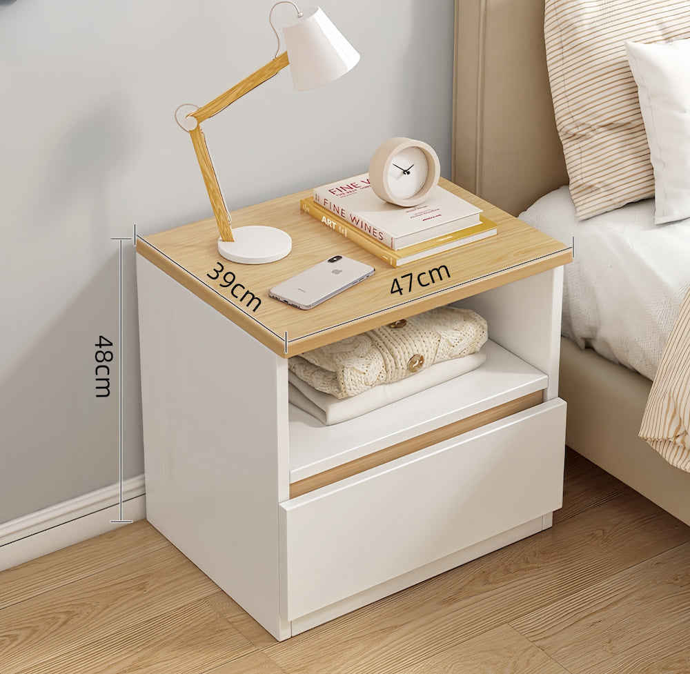 Modern Nightstand Oak Wood Grain Top White Cabinet Open Shelf Finger Pull