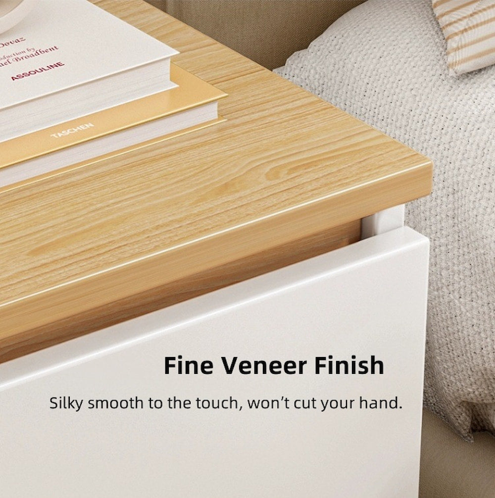 Modern Nightstand Oak Wood Grain Top White Cabinet Open Shelf Finger Pull
