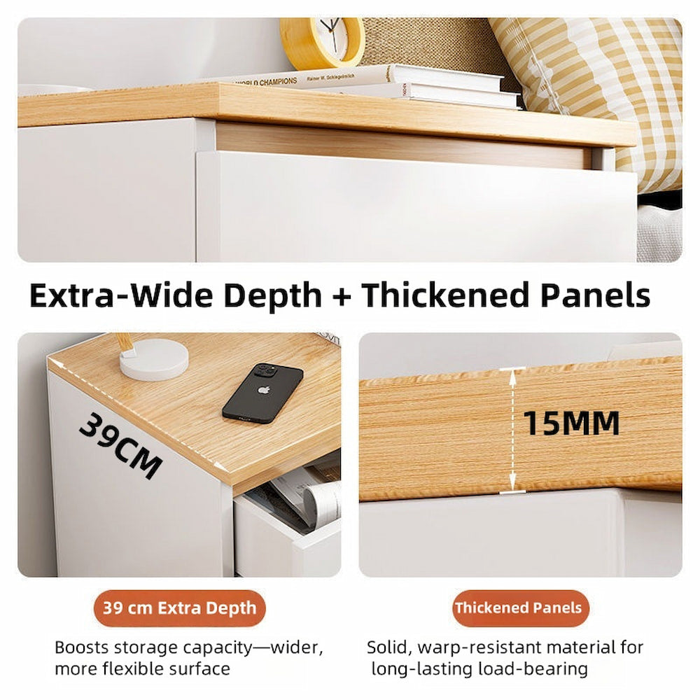 Modern Nightstand Oak Wood Grain Top White Cabinet Open Shelf Finger Pull