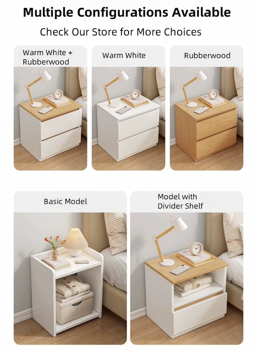 Modern Nightstand Oak Wood Grain Top White Cabinet Open Shelf Finger Pull