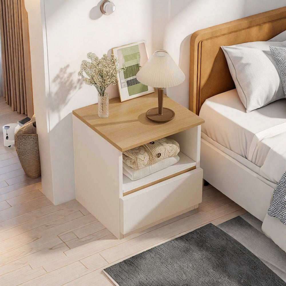 Modern Nightstand Oak Wood Grain Top White Cabinet Open Shelf Finger Pull