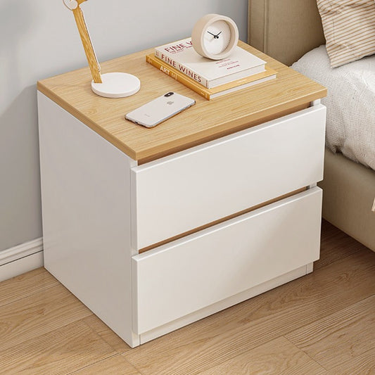 Modern Nightstand Oak Wood Grain Top White Cabinet Double Drawer Finger Pull