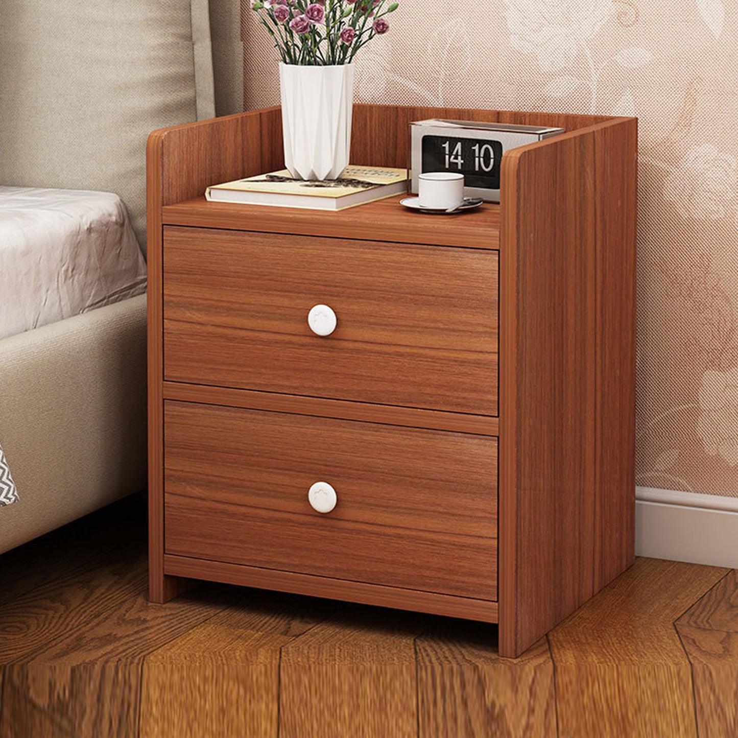 2x Bedside table walnut wood grain tray drawers vintage style furniture