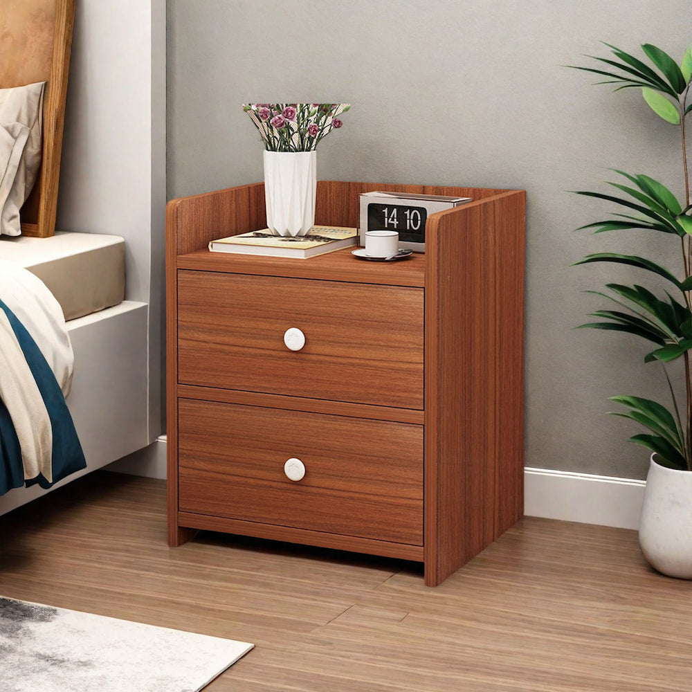 2x Bedside table walnut wood grain tray drawers vintage style furniture