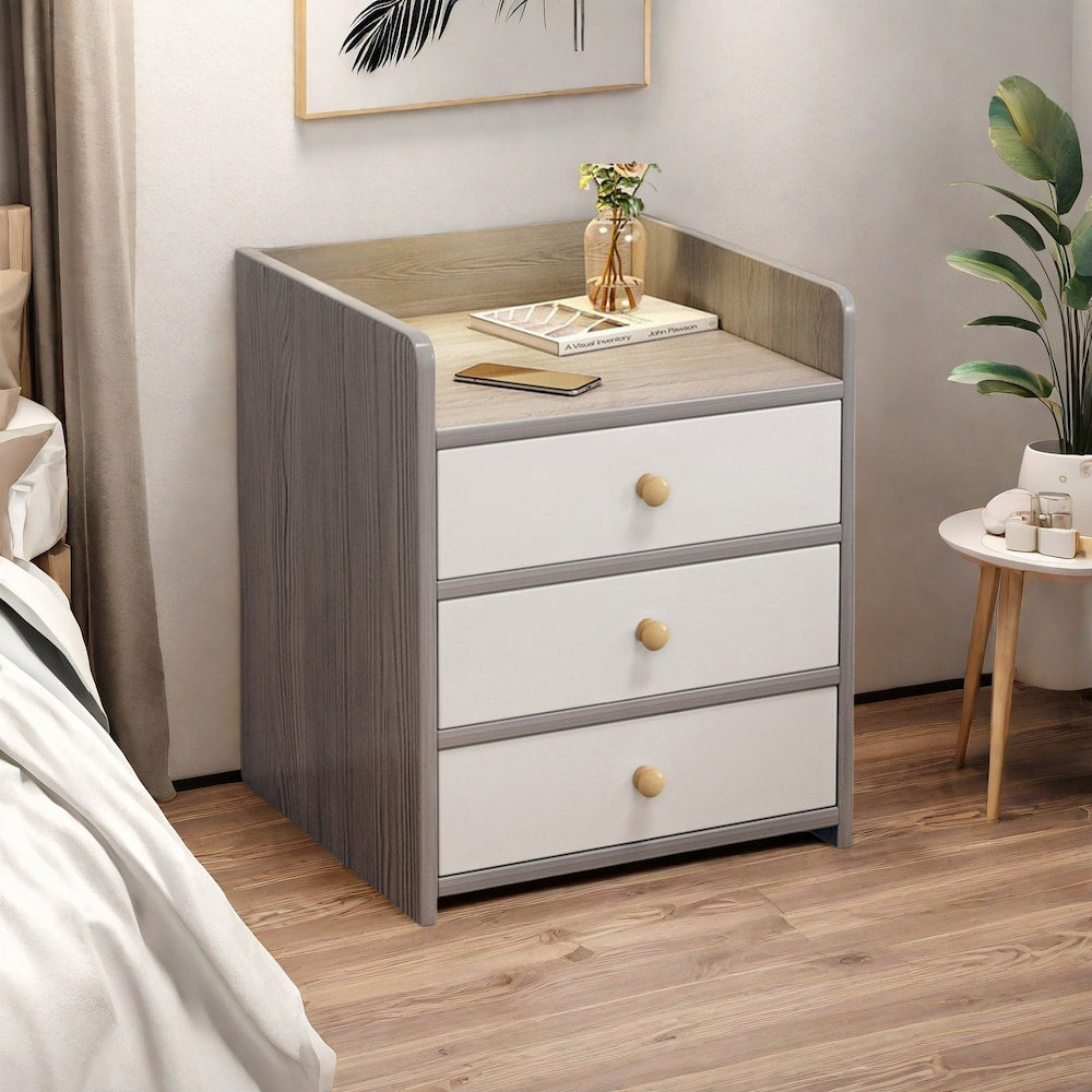 2x bedside table set 3 drawer light gray white wooden knobs bedroom furniture