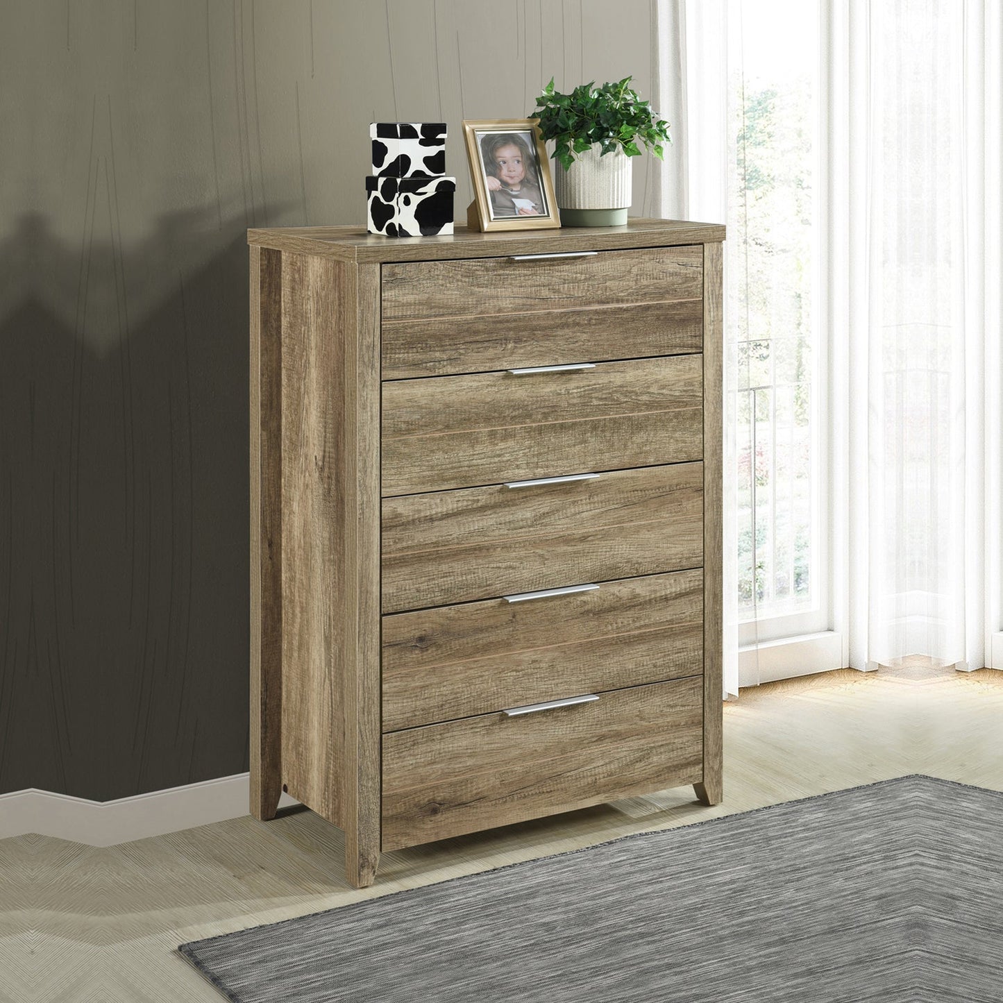 5 Pieces Bedroom Suite Natural Wood Like MDF Structure King Size Oak Colour Bed, Bedside Table, Tallboy & Dresser