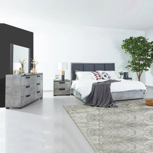 Queen 4 Pcs Bedroom Suite with Tallboy Fabric Upholstery MDF Combination of Black & Cement Colour