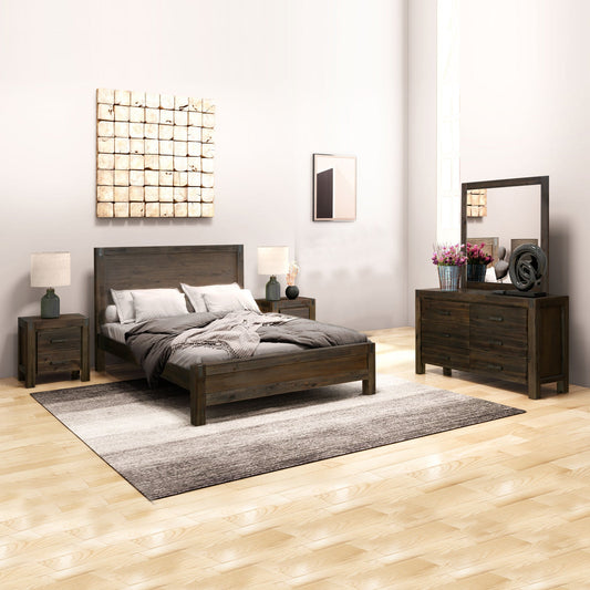 4 Pieces Bedroom Suite in Solid Wood Veneered Acacia Construction Timber Slat Queen Size Chocolate Colour Bed, Bedside Table & Dresser-House of Sleep