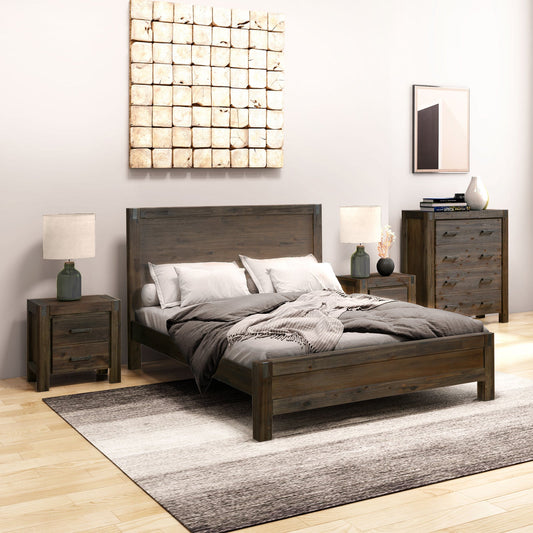 4 Pieces Bedroom Suite in Solid Wood Veneered Acacia Construction Timber Slat King Size Chocolate Colour Bed, Bedside Table & Tallboy-House of Sleep