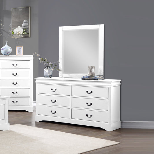White wooden six-drawer dresser with black handles and matching square mirror in gray bedroom