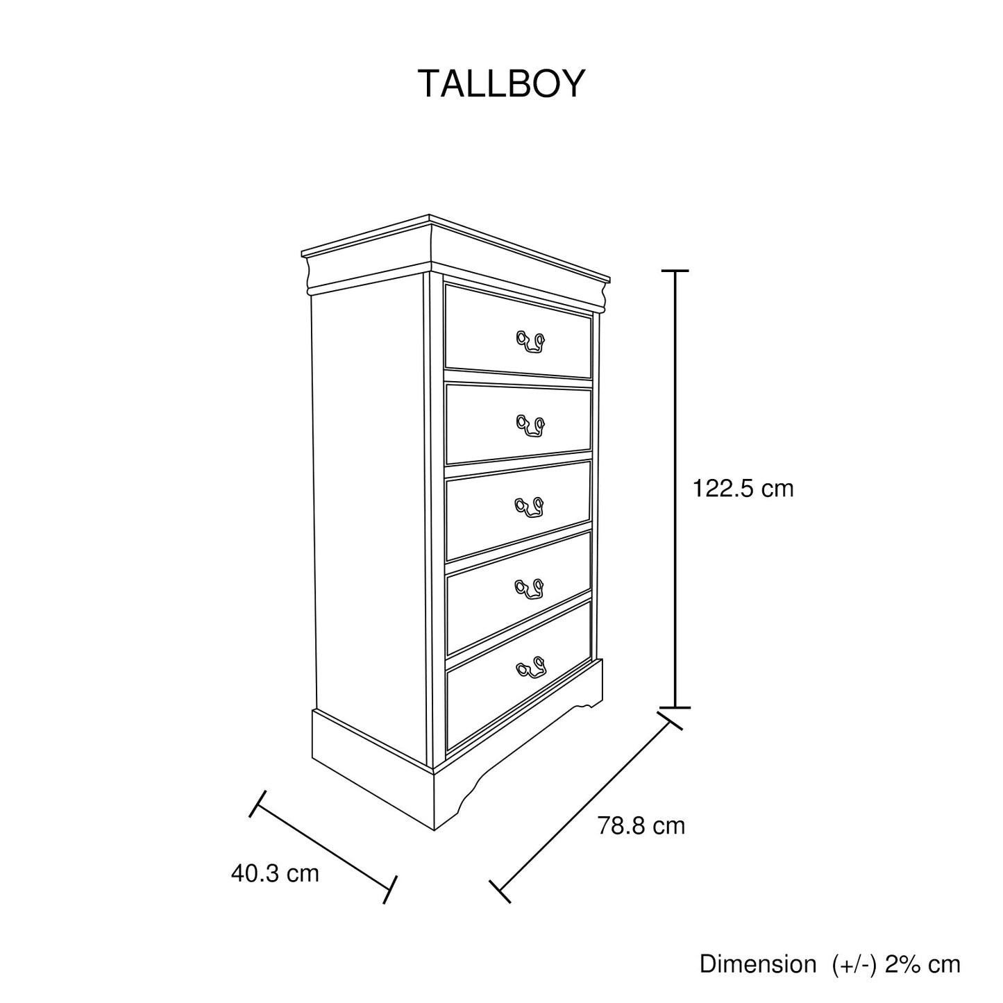 Tallboy with 5 Storage Drawers in Solid Wooden Metal Handles White Colour