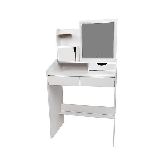 Modern white dressing table with mirror, multiple drawers, and shelves on white background