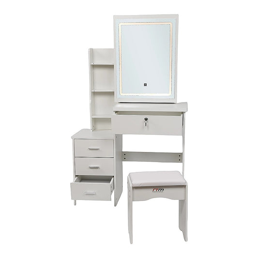 White wooden vanity table with LED mirror, shelves, three drawers, and matching cushioned stool