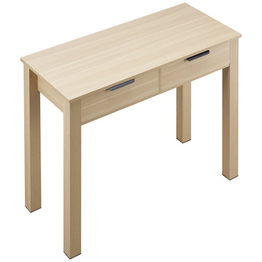 Light wood desk with two drawers and black handles, modern minimalist style