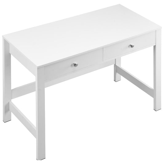 White wooden desk with two drawers and metal knobs, modern minimalist table design