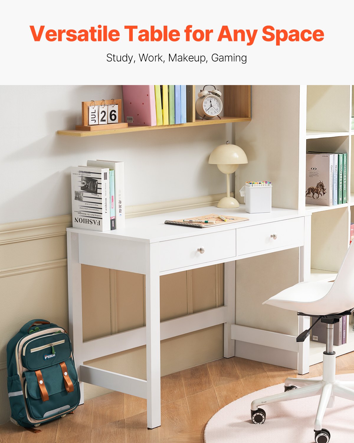VEVOR Small Desk with Drawers Kids Desk for Bedroom Simple Study Table White